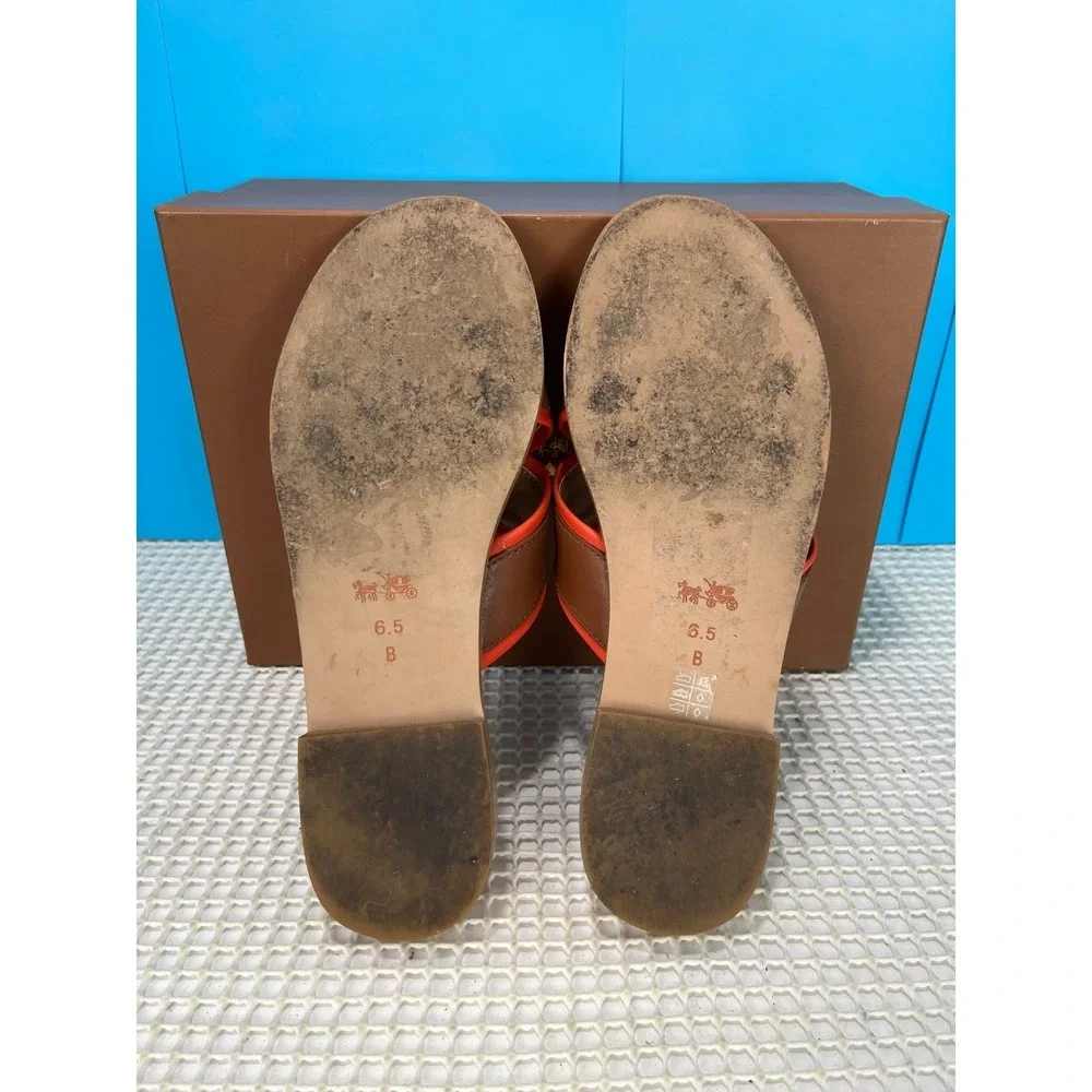 COACH Crossband‎ Sandals Slides Leather 6.5B Brown Orange Gold Hardware EUC